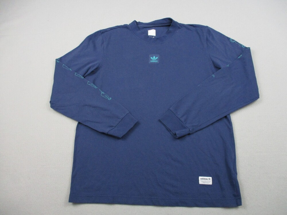 Adidas Shirt Men Medium Blue Solid Logo Skateboarding Pin Up Sleeve Tee Crew M